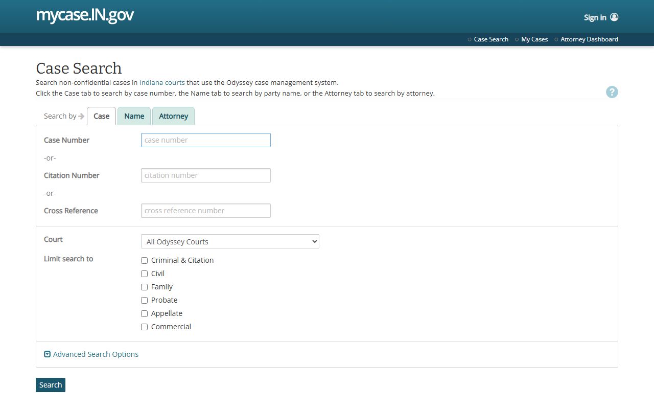 MyCase portal for searching Fort Wayne civil court records in Allen County