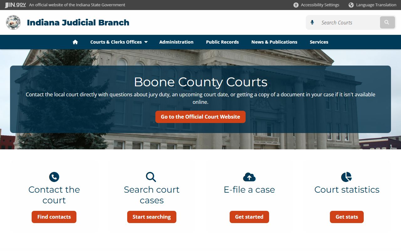 Boone County court page on Indiana judicial site for civil court records