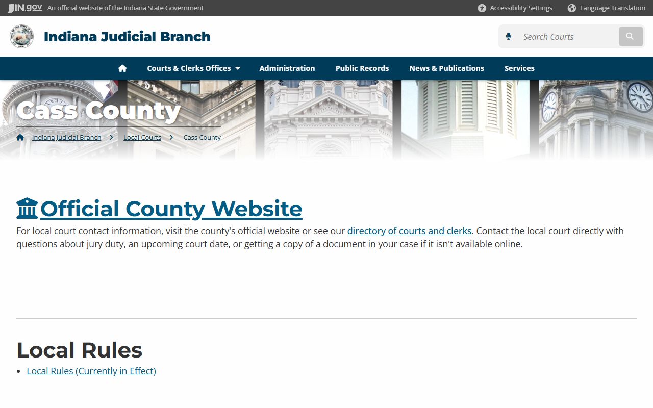 Cass County court page on Indiana courts website for civil court records