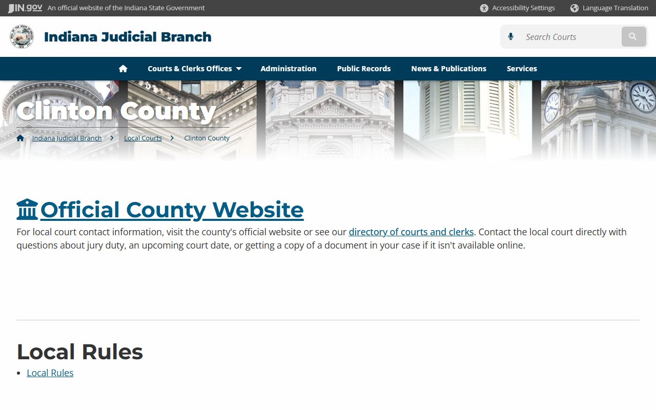 Clinton County court page on Indiana courts website for civil court records