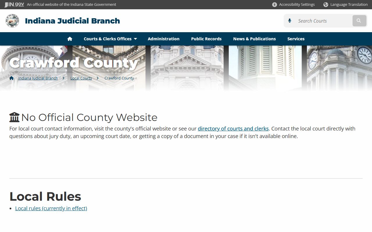 Crawford County court page on Indiana courts website for civil court records