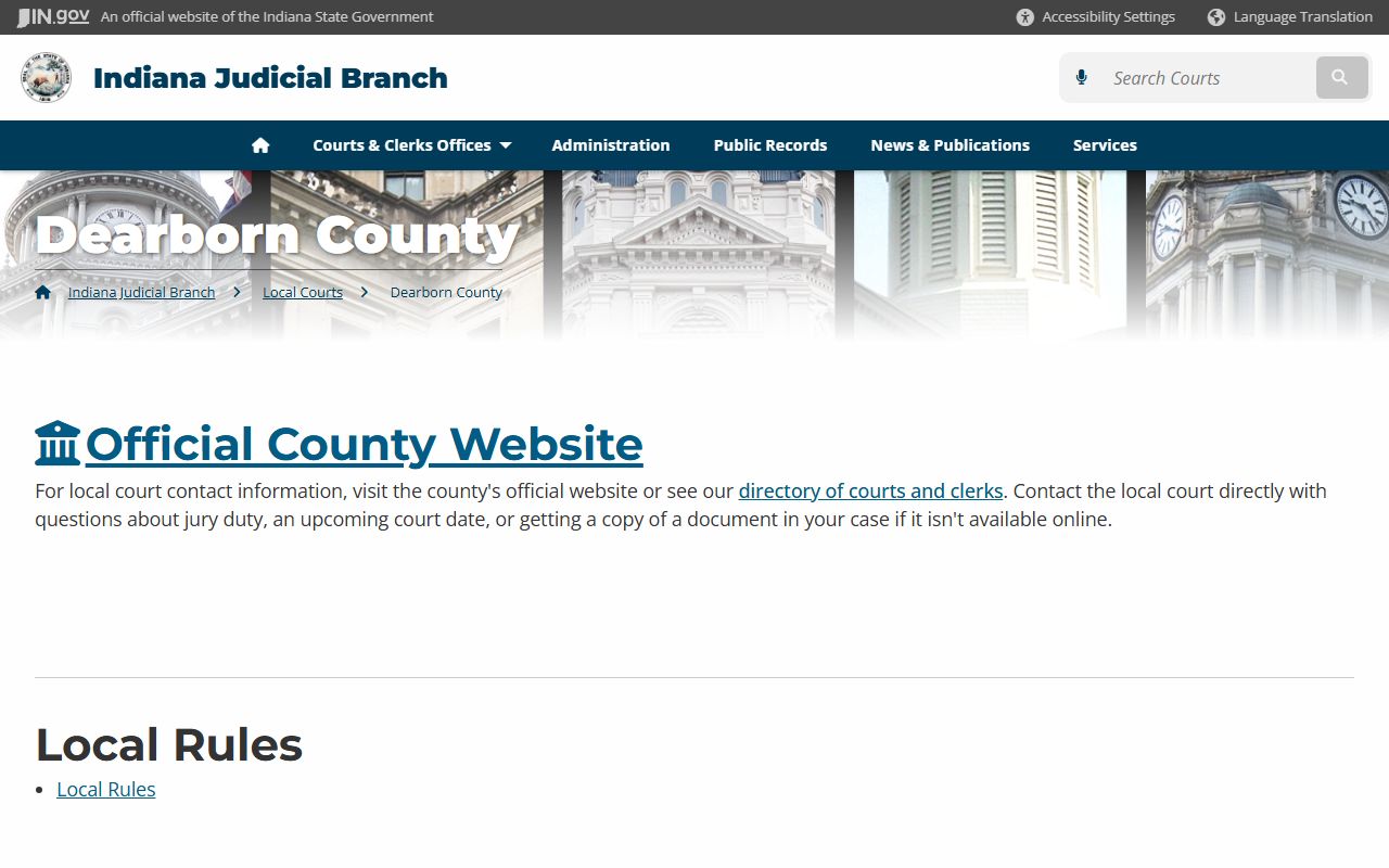 Dearborn County court page on Indiana Judicial Branch for civil court records