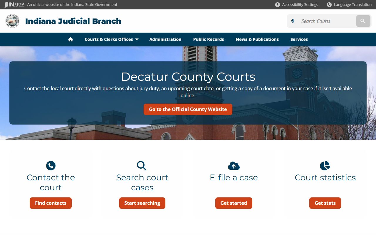 Decatur County courts on Indiana Judicial Branch website for civil court records
