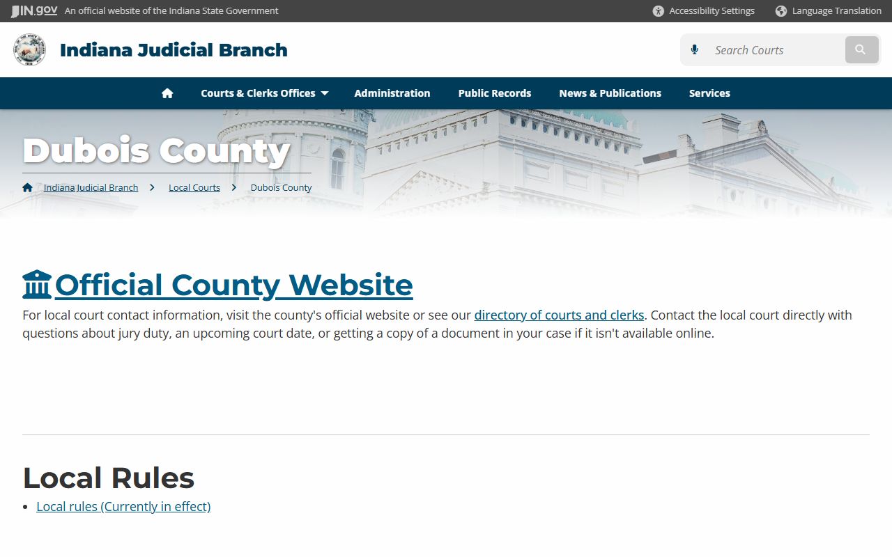 Dubois County courts on Indiana Judicial Branch website for civil court records