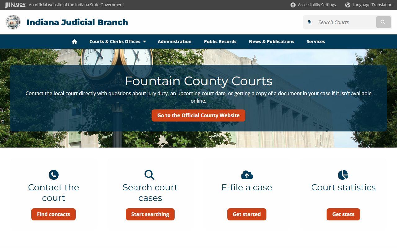 Fountain County court page for civil court records in Covington