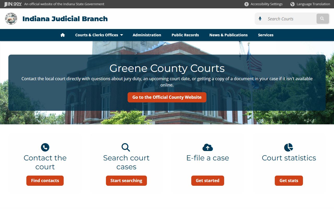 Greene County courts page on Indiana Judicial Branch for civil court records