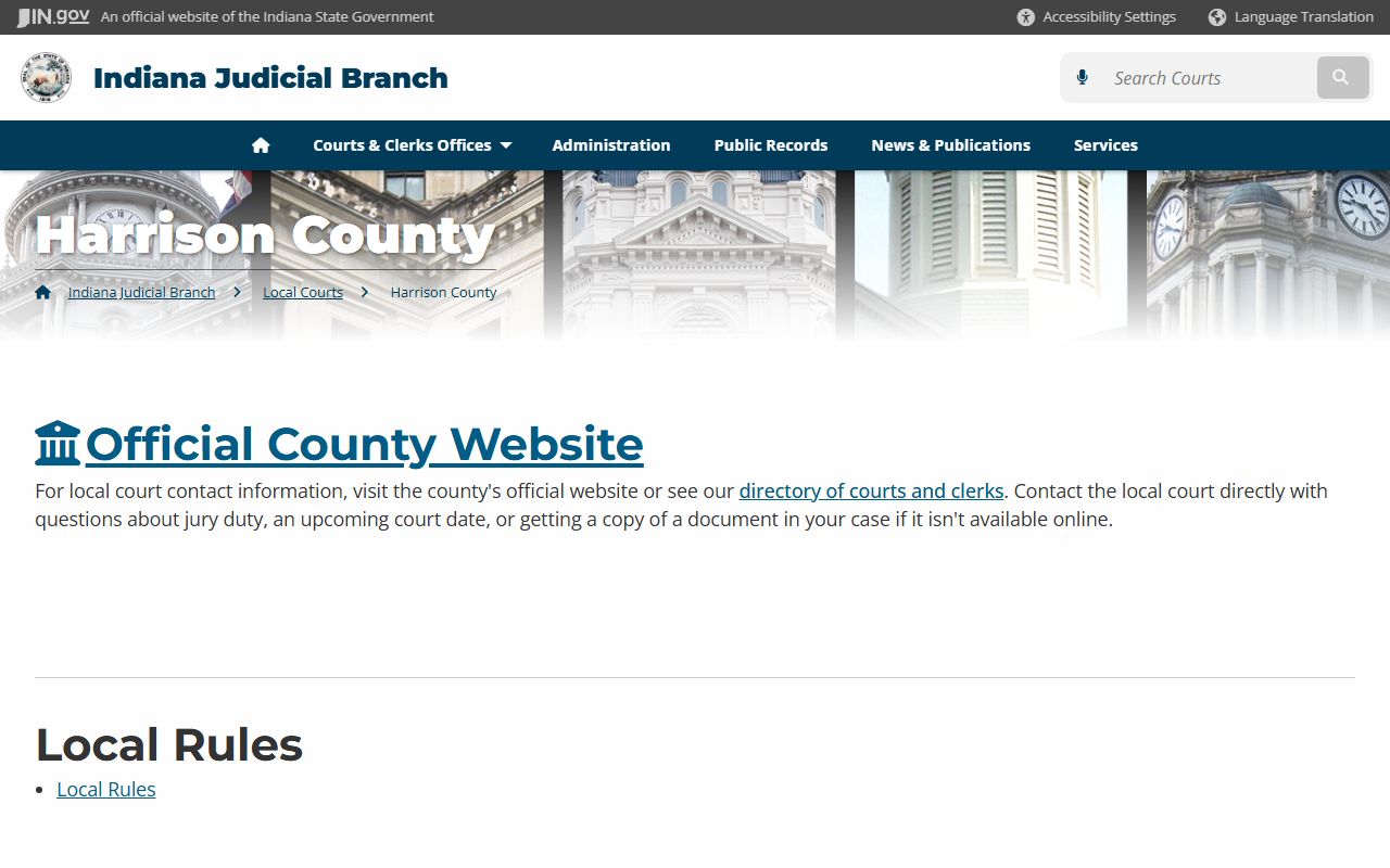 Harrison County courts listed on Indiana Judicial Branch for civil court records