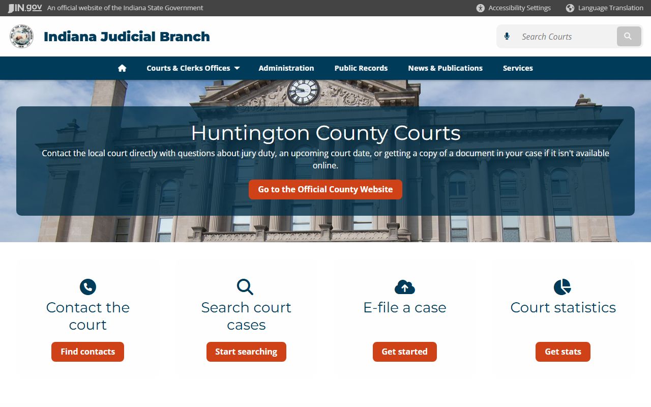 Huntington County courts page on Indiana Judicial Branch for civil court records