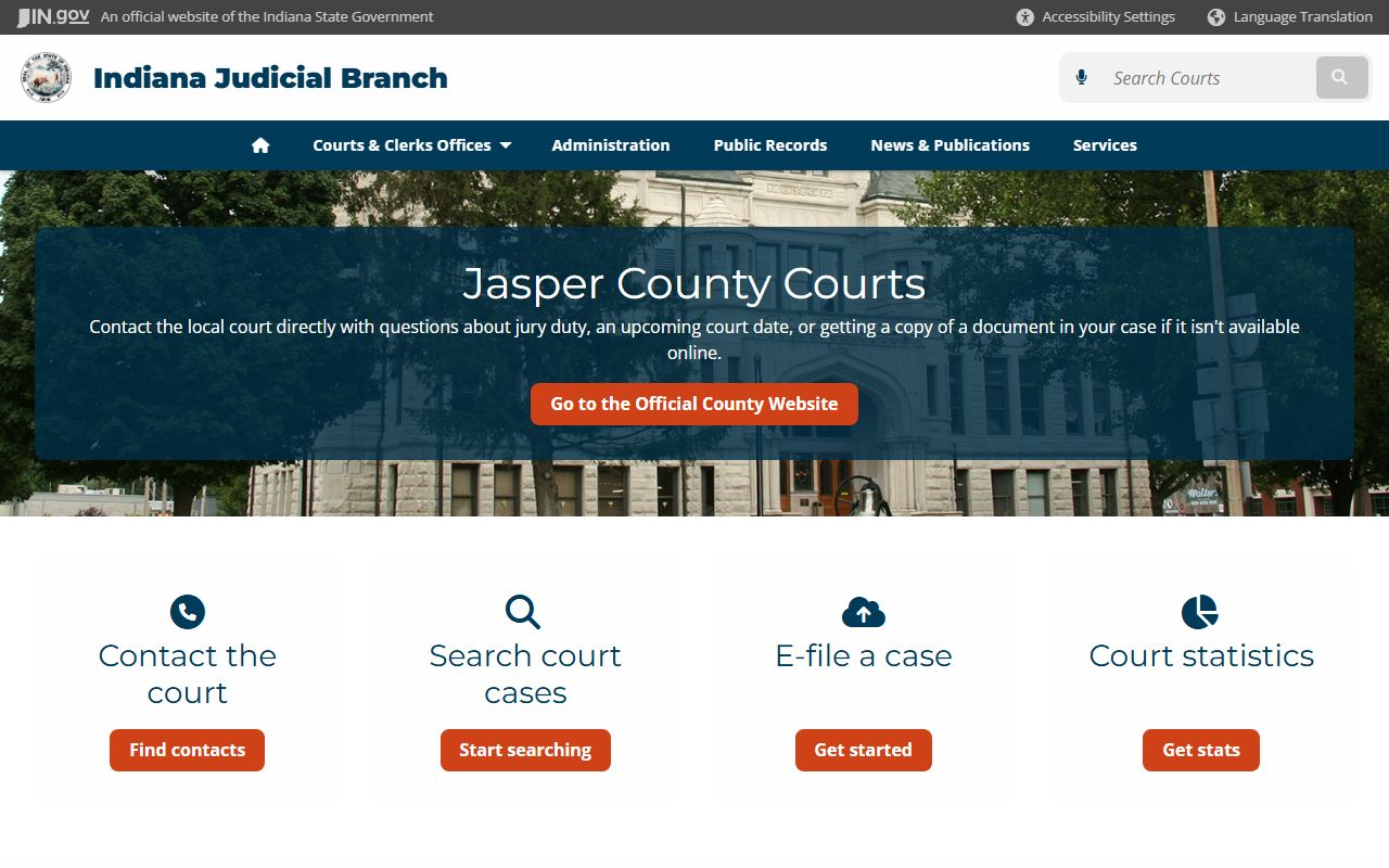 Jasper County court page on Indiana Judicial Branch website for civil court records