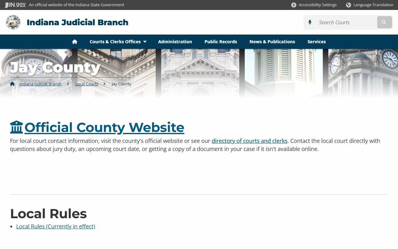 Jay County court page on Indiana Judicial Branch website for civil court records