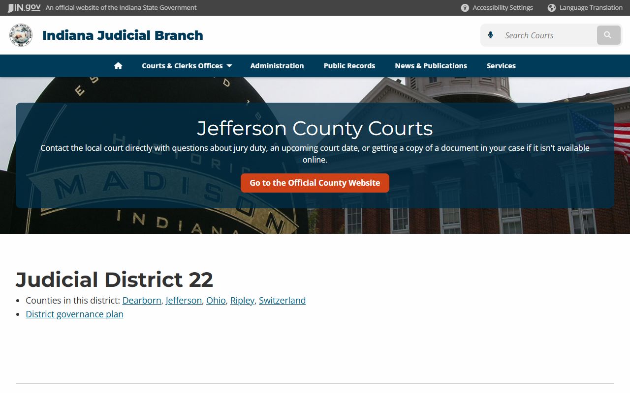 Jefferson County court page on Indiana Judicial Branch website for civil court records