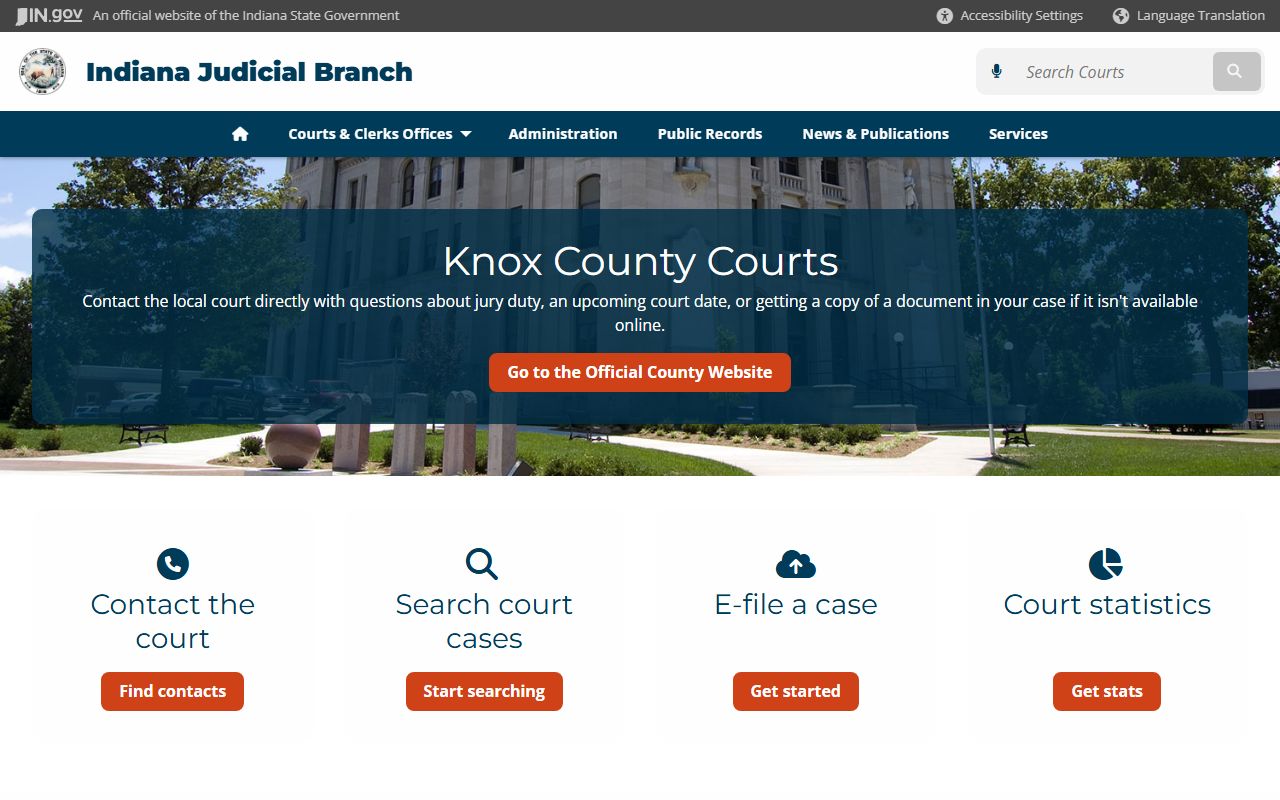 Knox County court page on Indiana Judicial Branch for civil court records