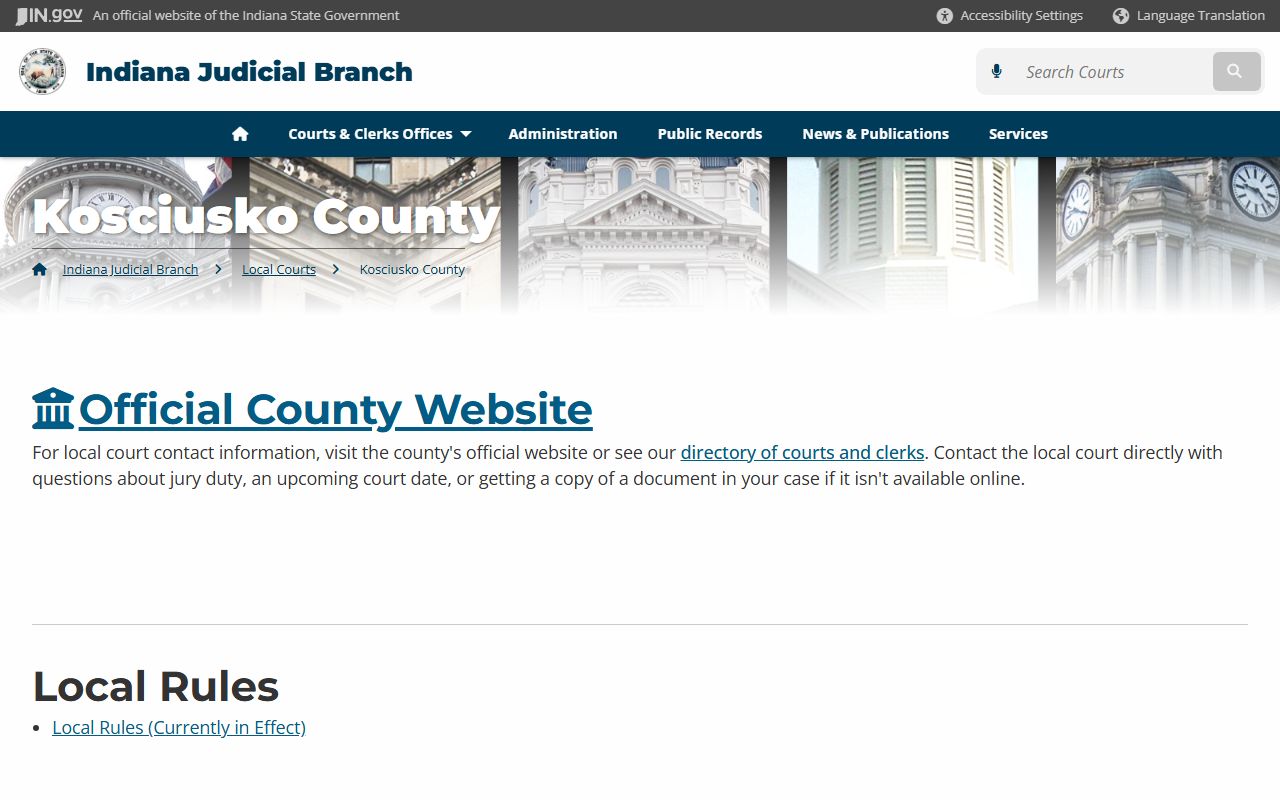 Kosciusko County court page for civil court records in Warsaw