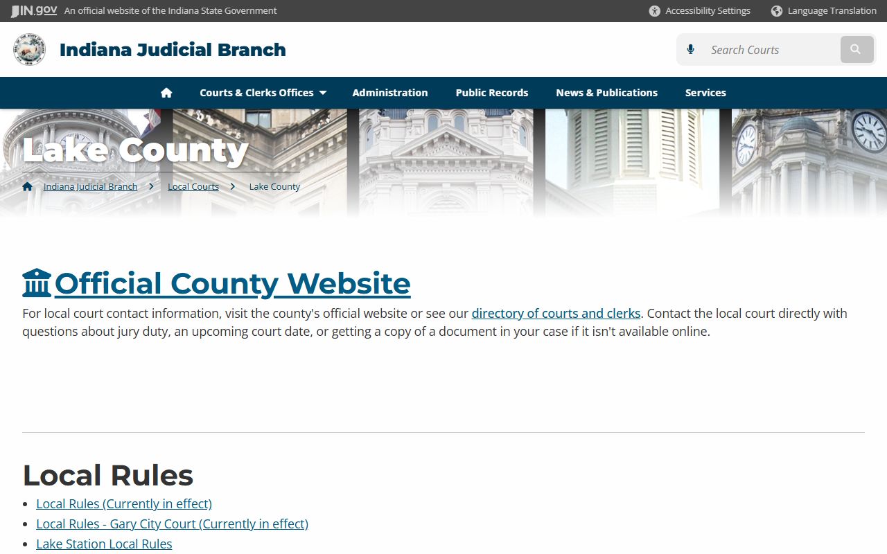 Lake County courts on Indiana Judicial Branch website for civil court records