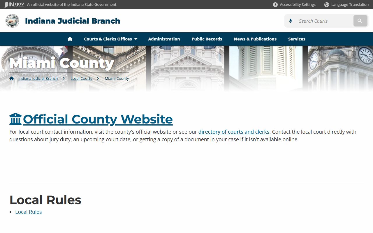 Miami County court page on Indiana Judicial Branch website for civil court records