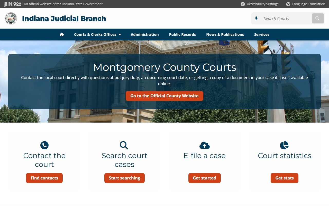 Montgomery County court page on Indiana Judicial Branch website for civil court records