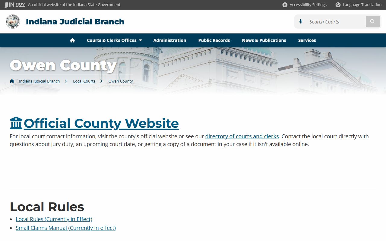 Owen County court page on Indiana courts website for civil court records