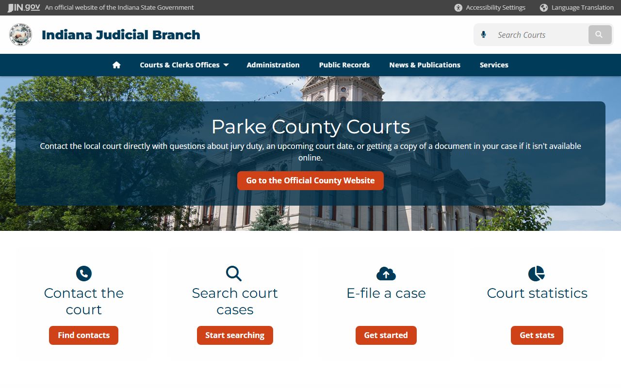 Parke County court page on Indiana courts website for civil court records