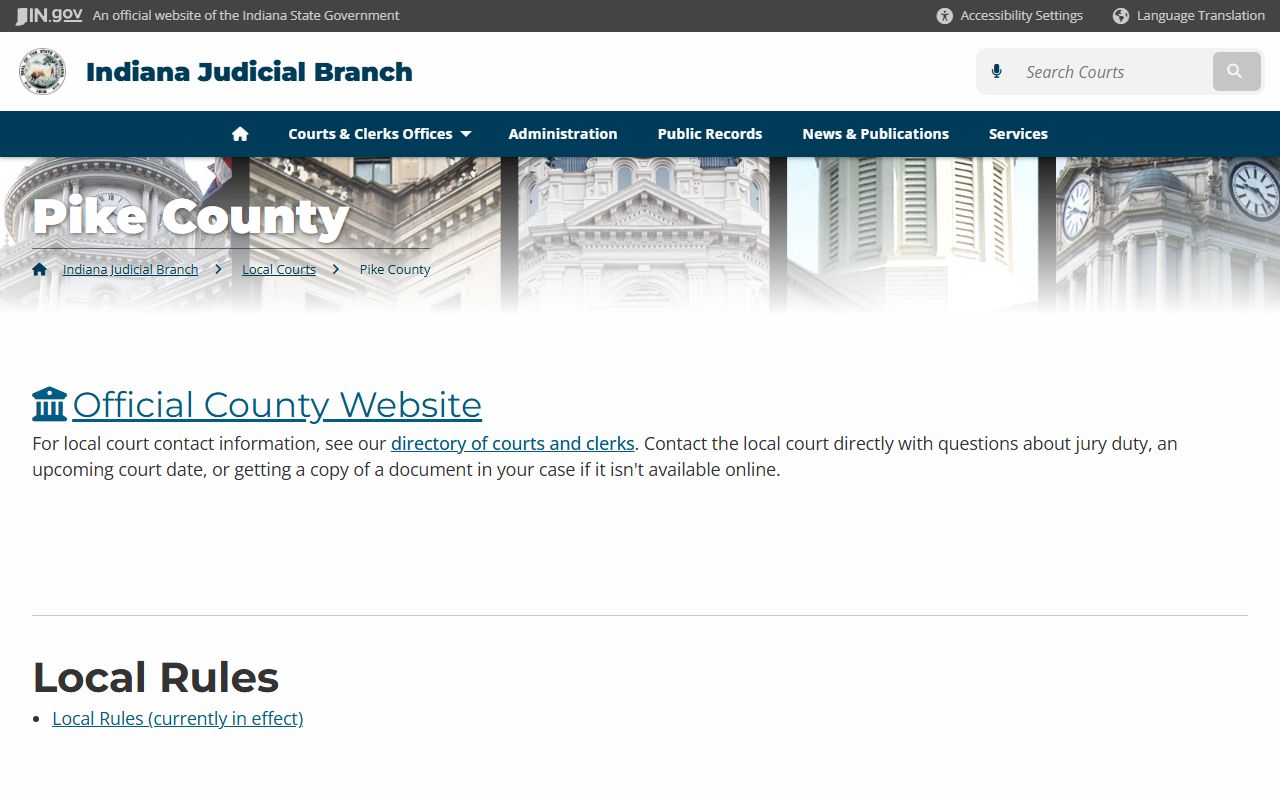 Pike County courts page on Indiana Judicial Branch for civil court records