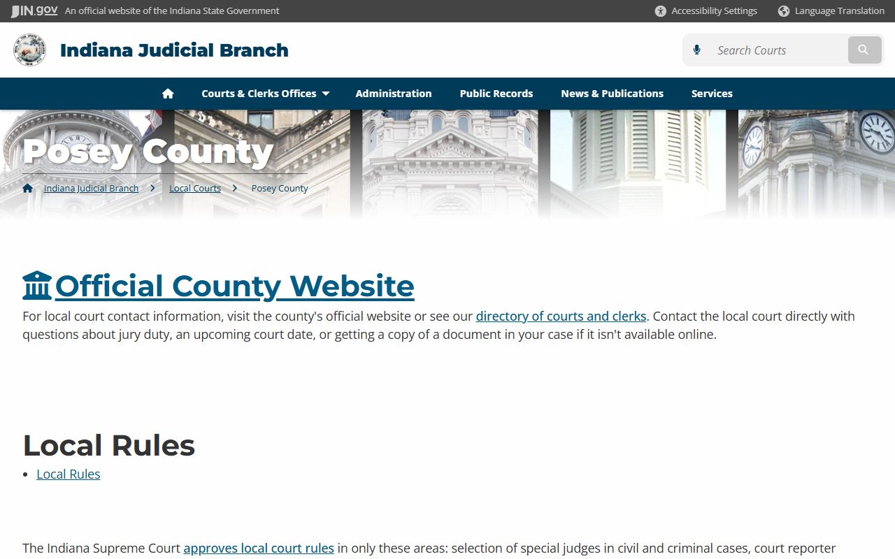 Posey County courts page on Indiana Judicial Branch for civil court records