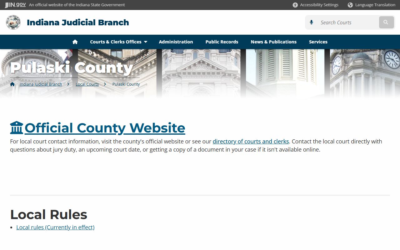 Pulaski County courts page on Indiana Judicial Branch for civil court records