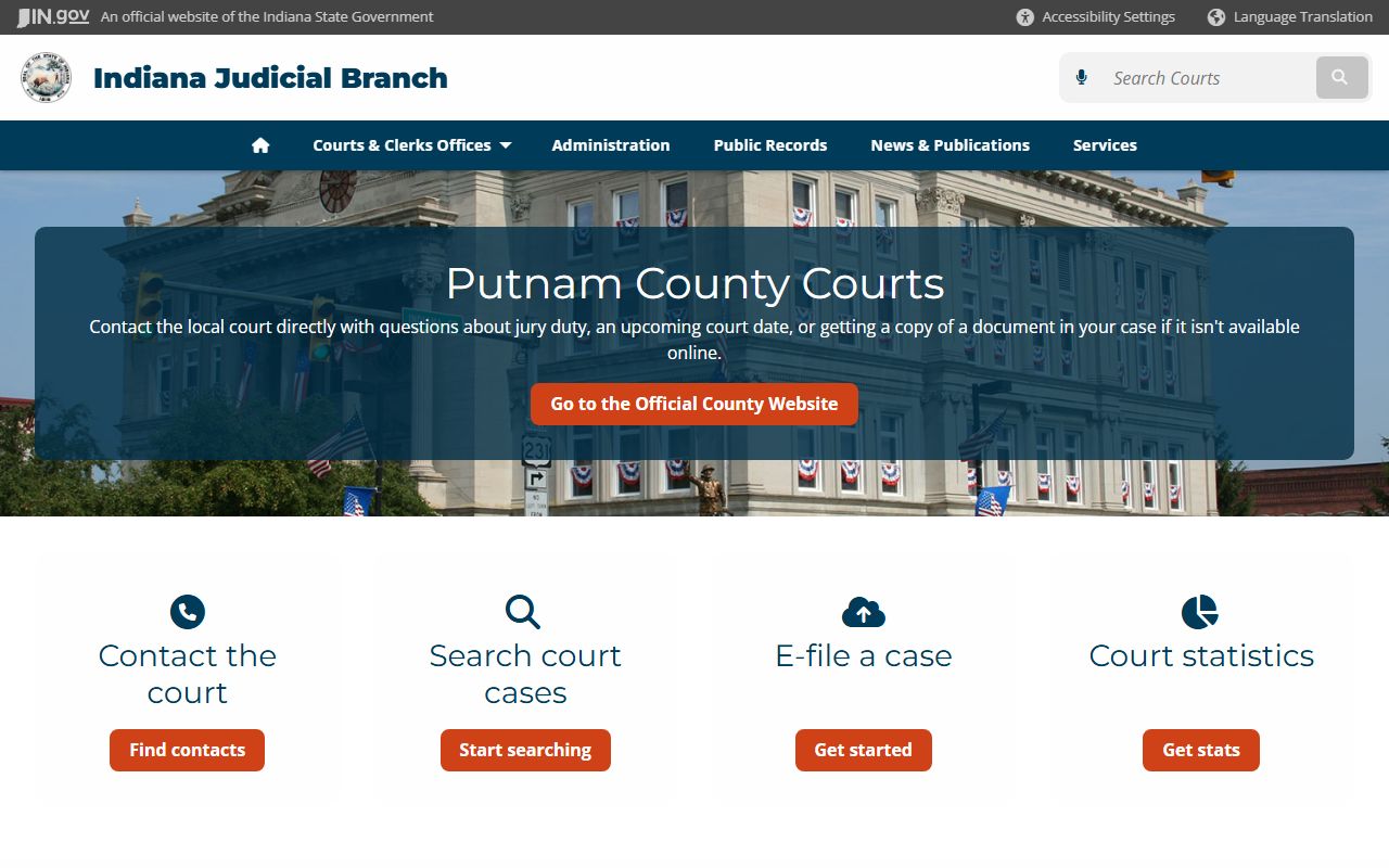 Putnam County courts page on Indiana Judicial Branch for civil court records