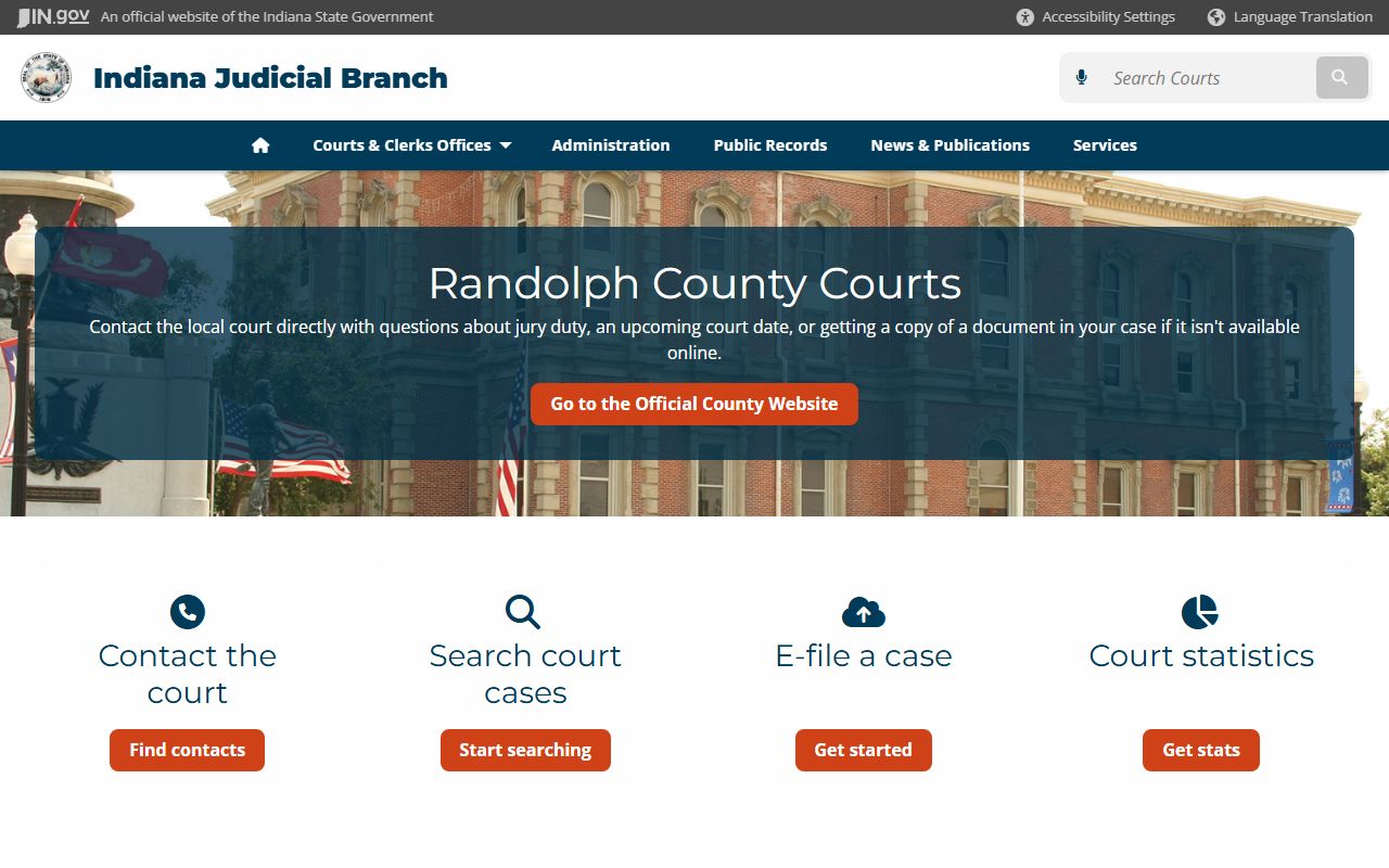 Randolph County courts page on Indiana Judicial Branch for civil court records