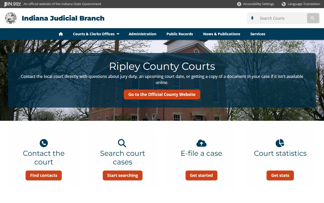 Ripley County courts page on Indiana Judicial Branch for civil court records