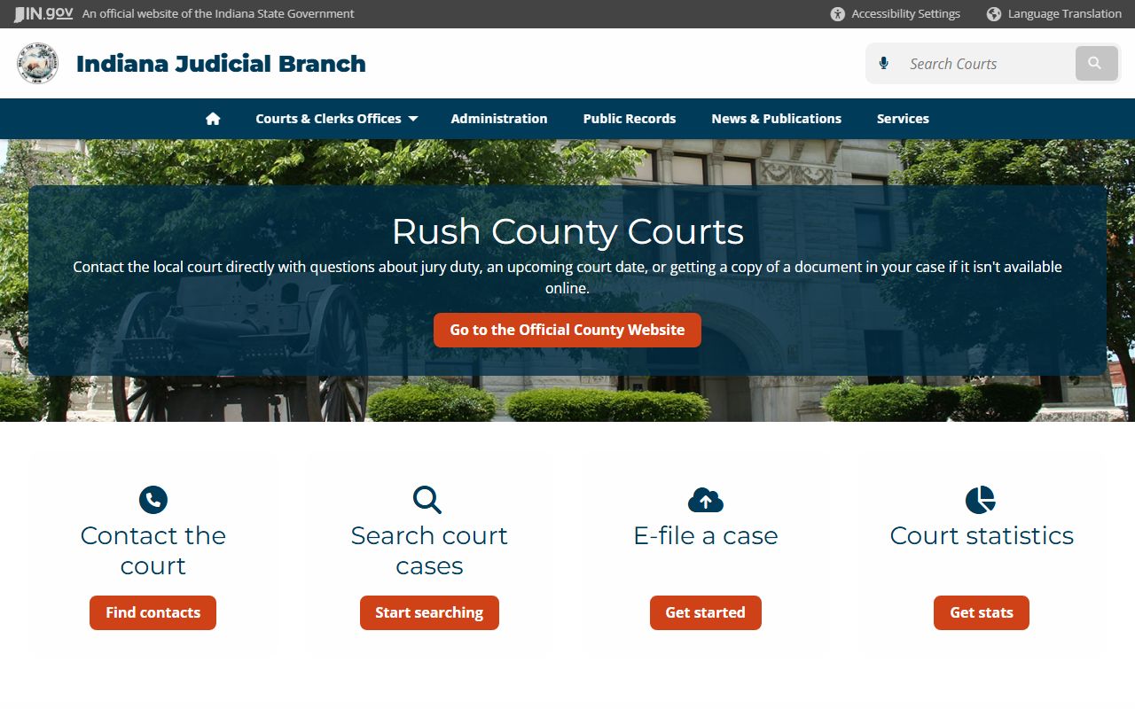 Rush County court page on Indiana courts website for civil records