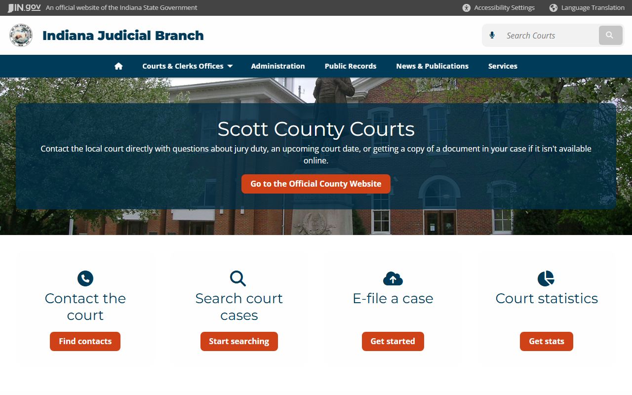 Scott County court page on Indiana courts website for civil records