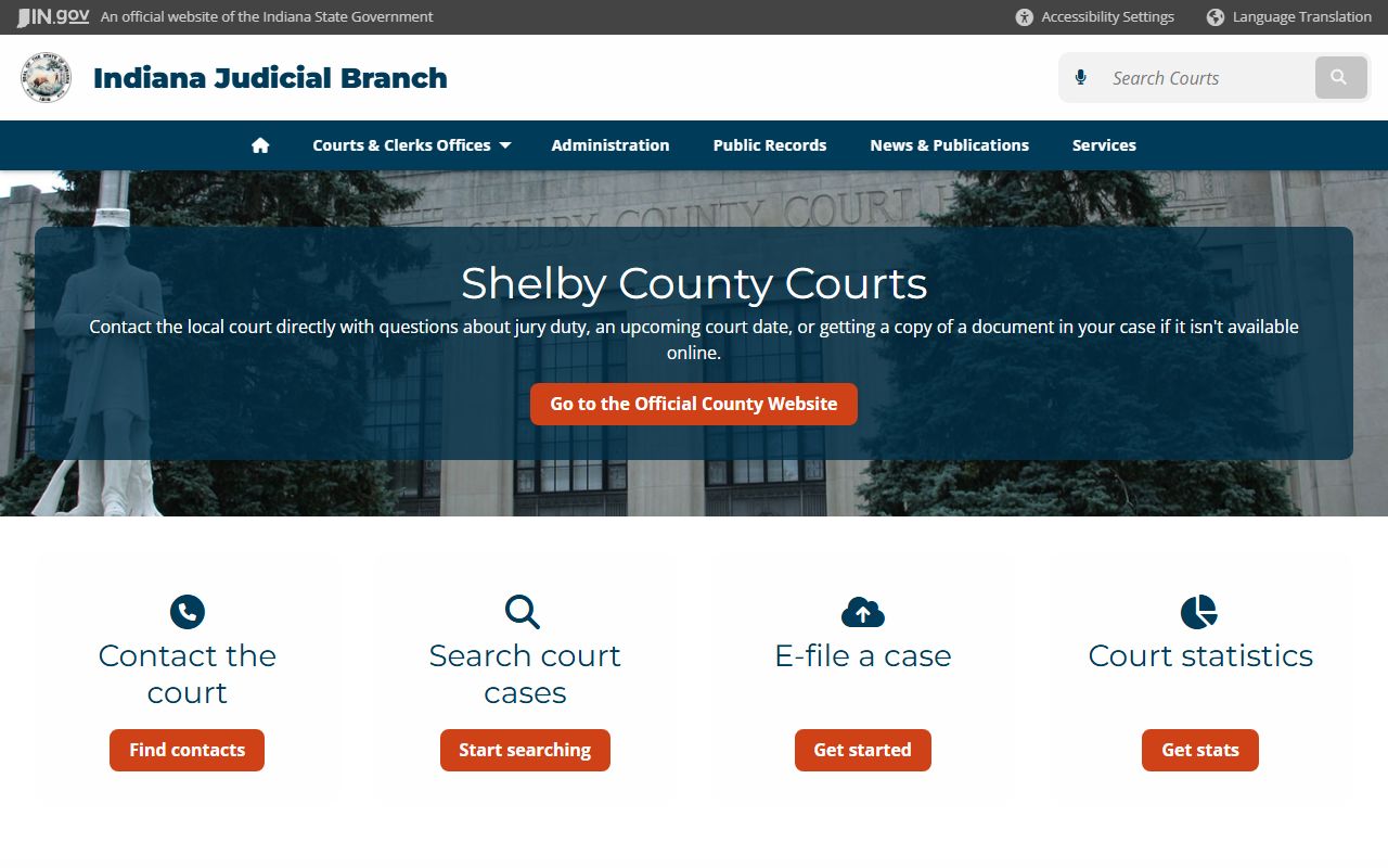 Shelby County court page on Indiana courts website for civil records