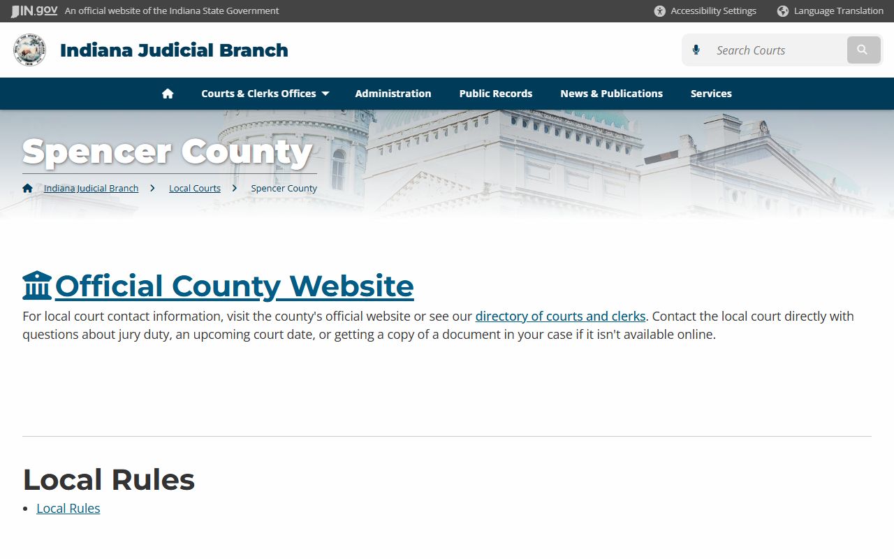 Spencer County court page on Indiana courts website for civil records