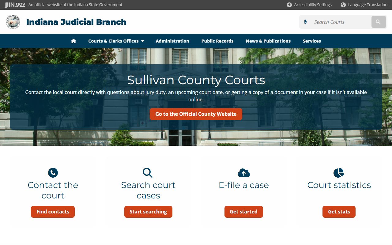 Sullivan County court page on Indiana Judicial Branch for civil court records