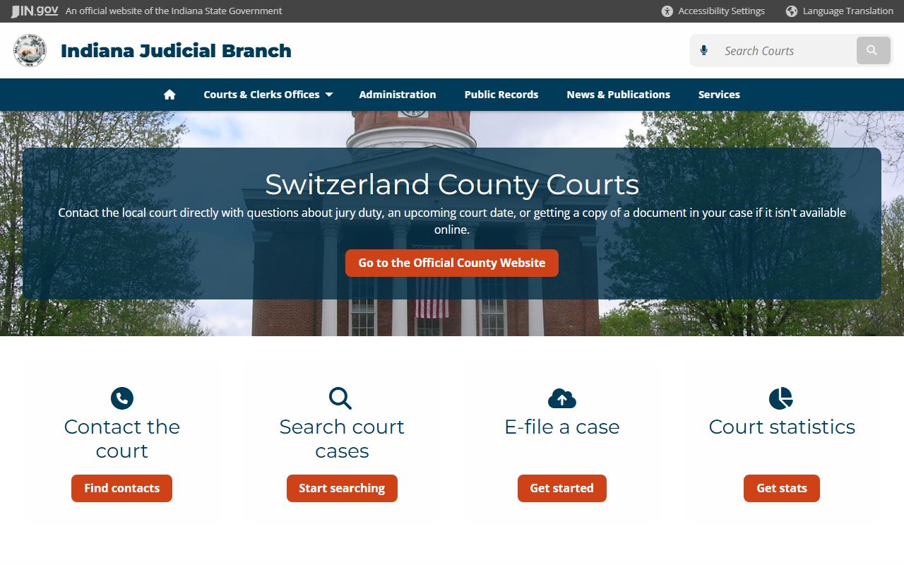 Switzerland County court page on Indiana Judicial Branch for civil court records