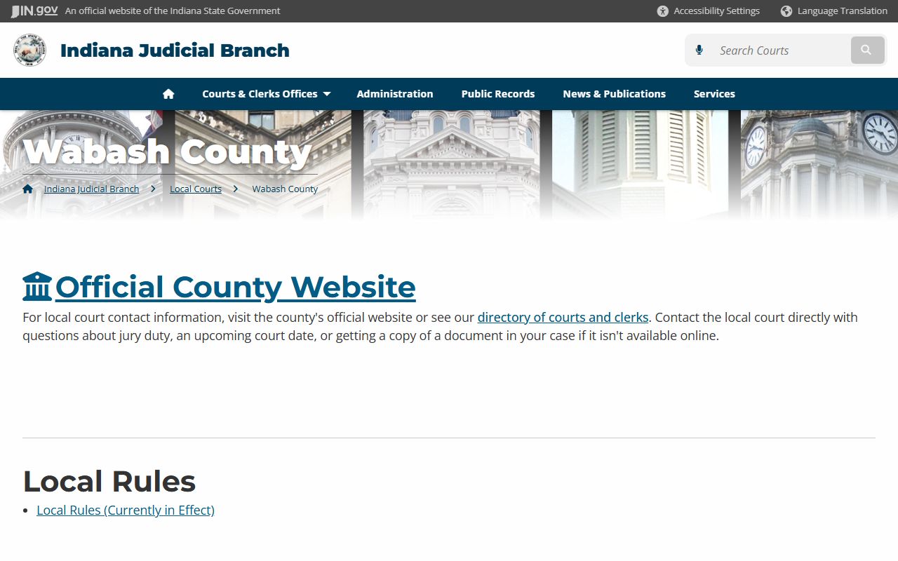Wabash County court page on Indiana Judicial Branch for civil court records