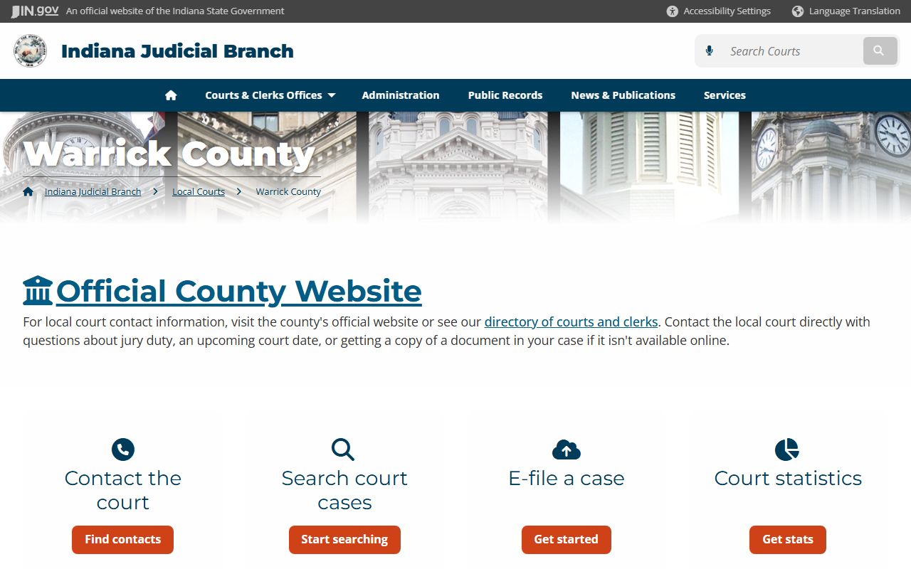 Warrick County court page on Indiana Judicial Branch for civil court records
