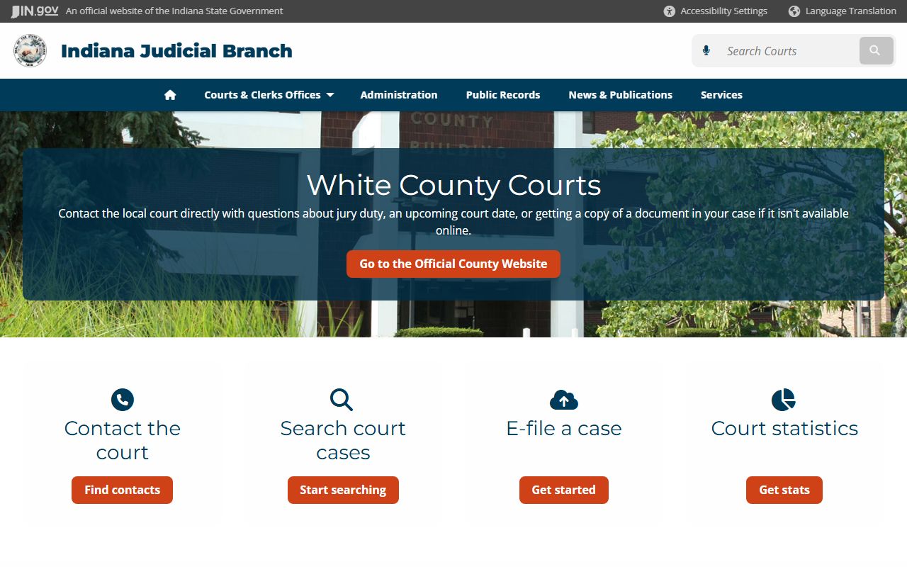 White County courts listed on Indiana Judicial Branch for civil court records