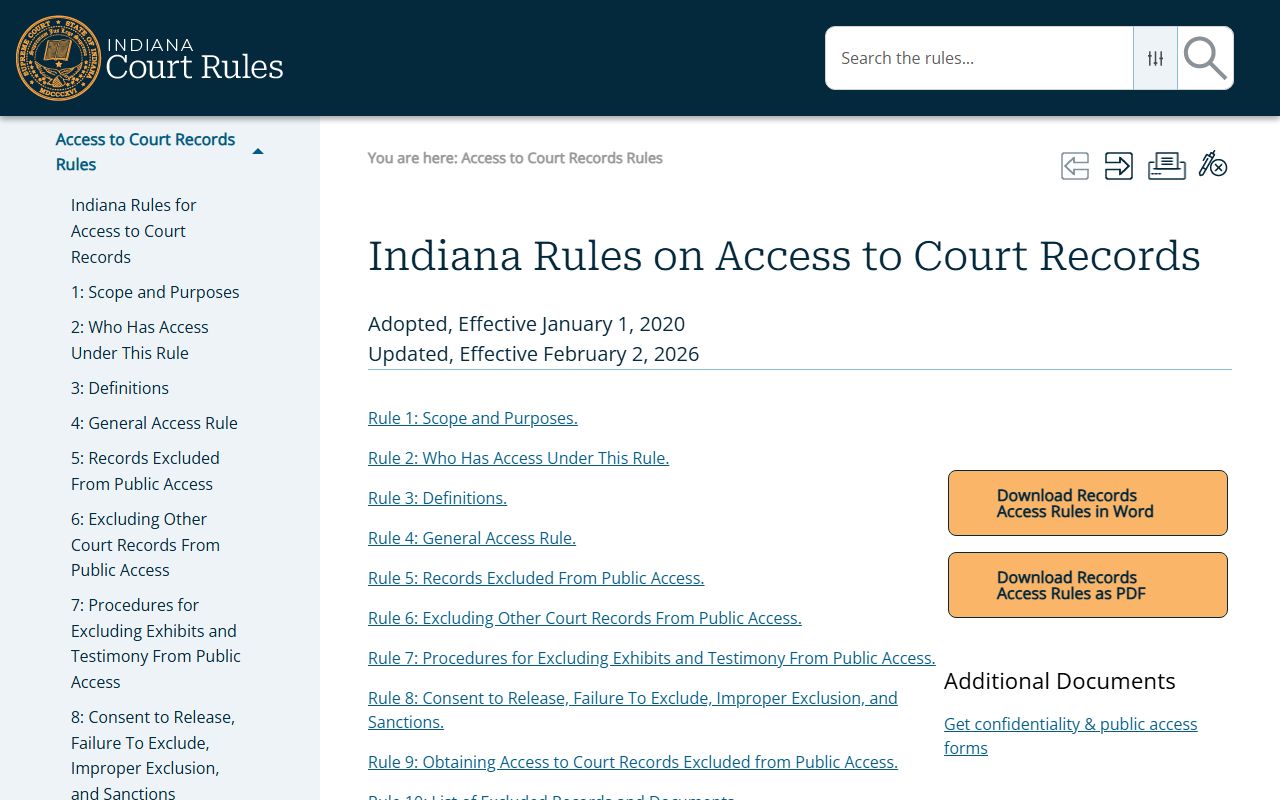 Indiana court records rules for public access to civil court records