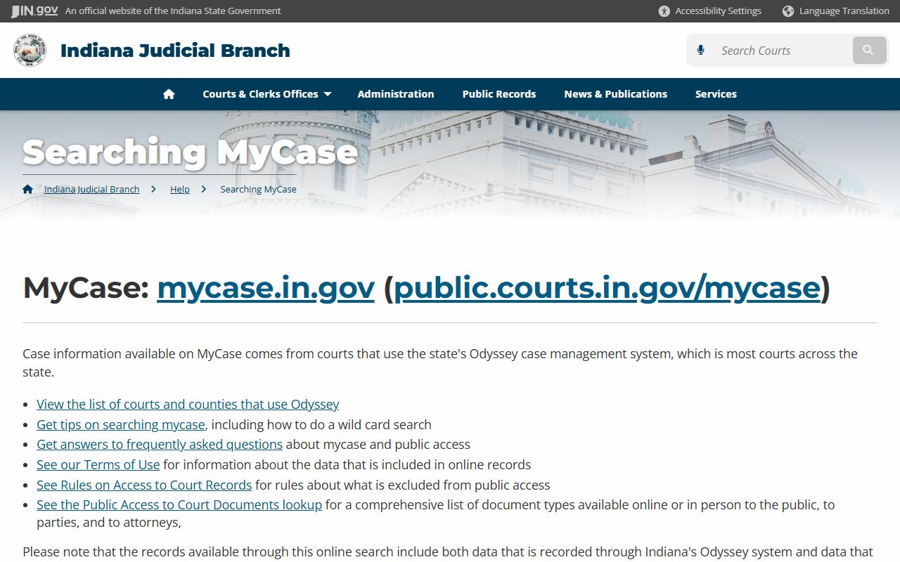 Indiana MyCase help page for civil court records search