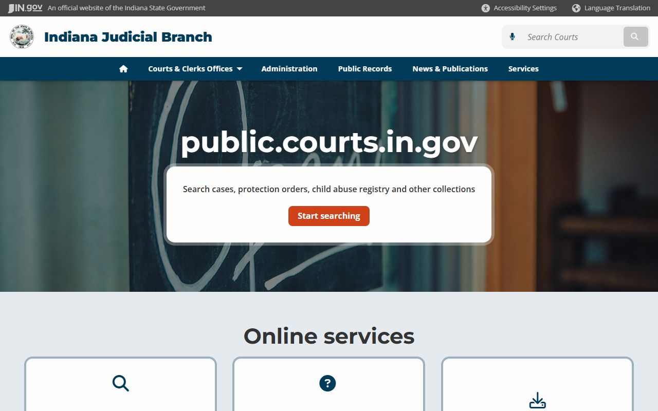 Indiana courts public records page for civil court records