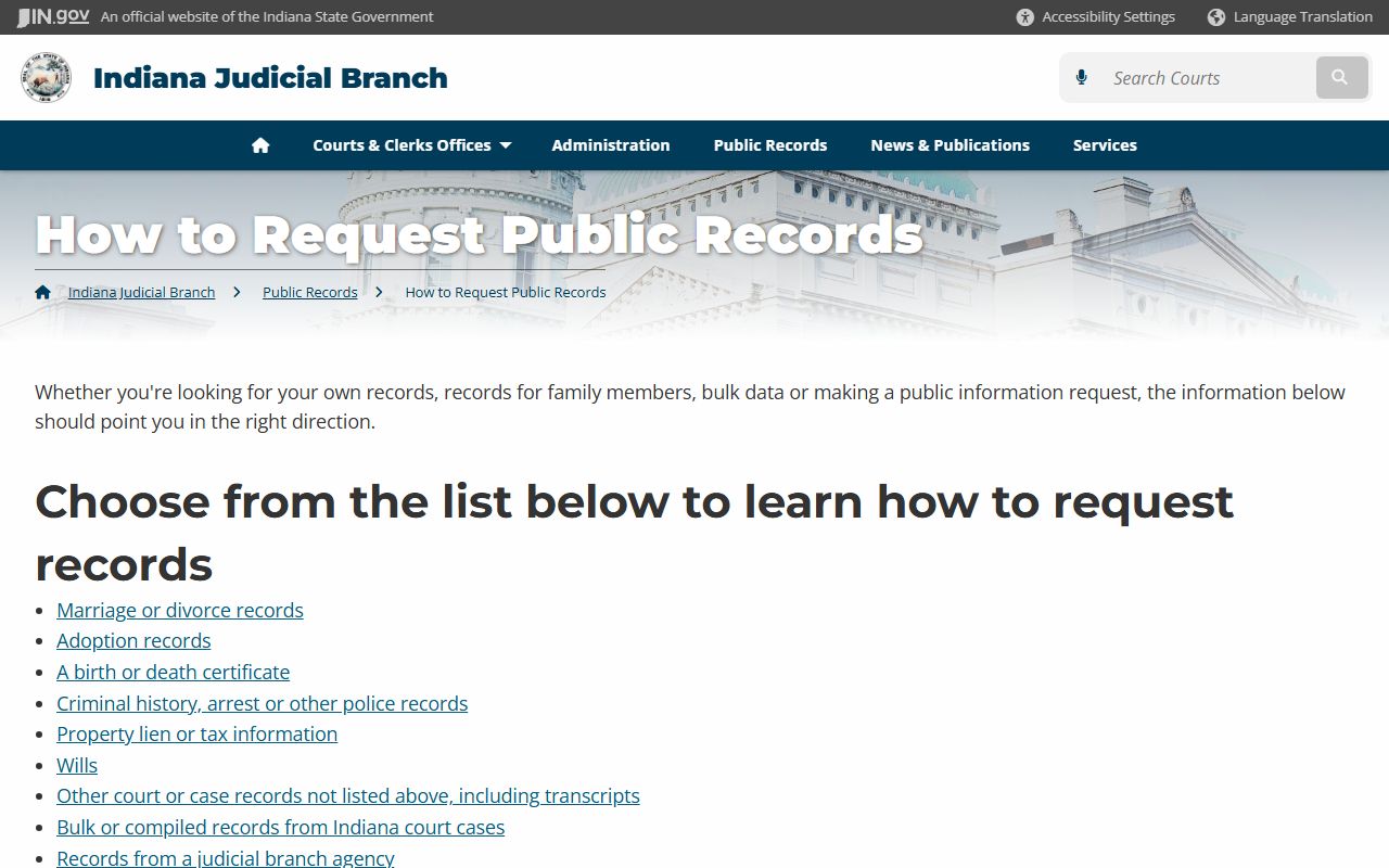 How to request Indiana civil court records by mail or online