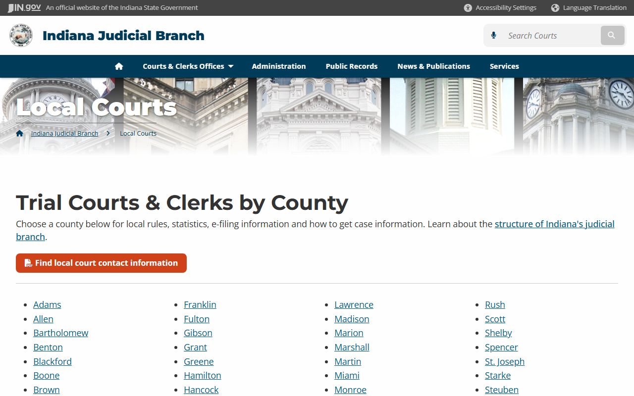 Indiana county court listings for civil court records