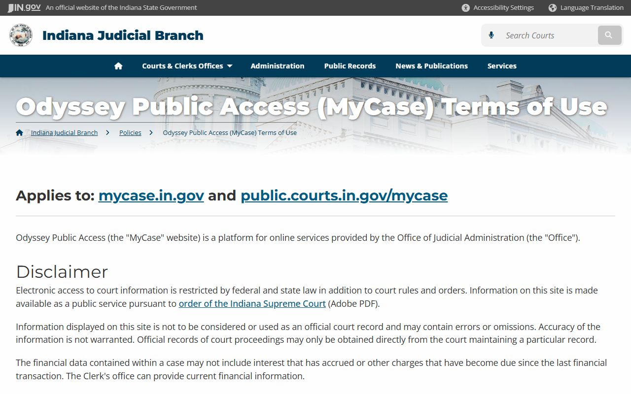 Indiana MyCase terms of use for civil court records